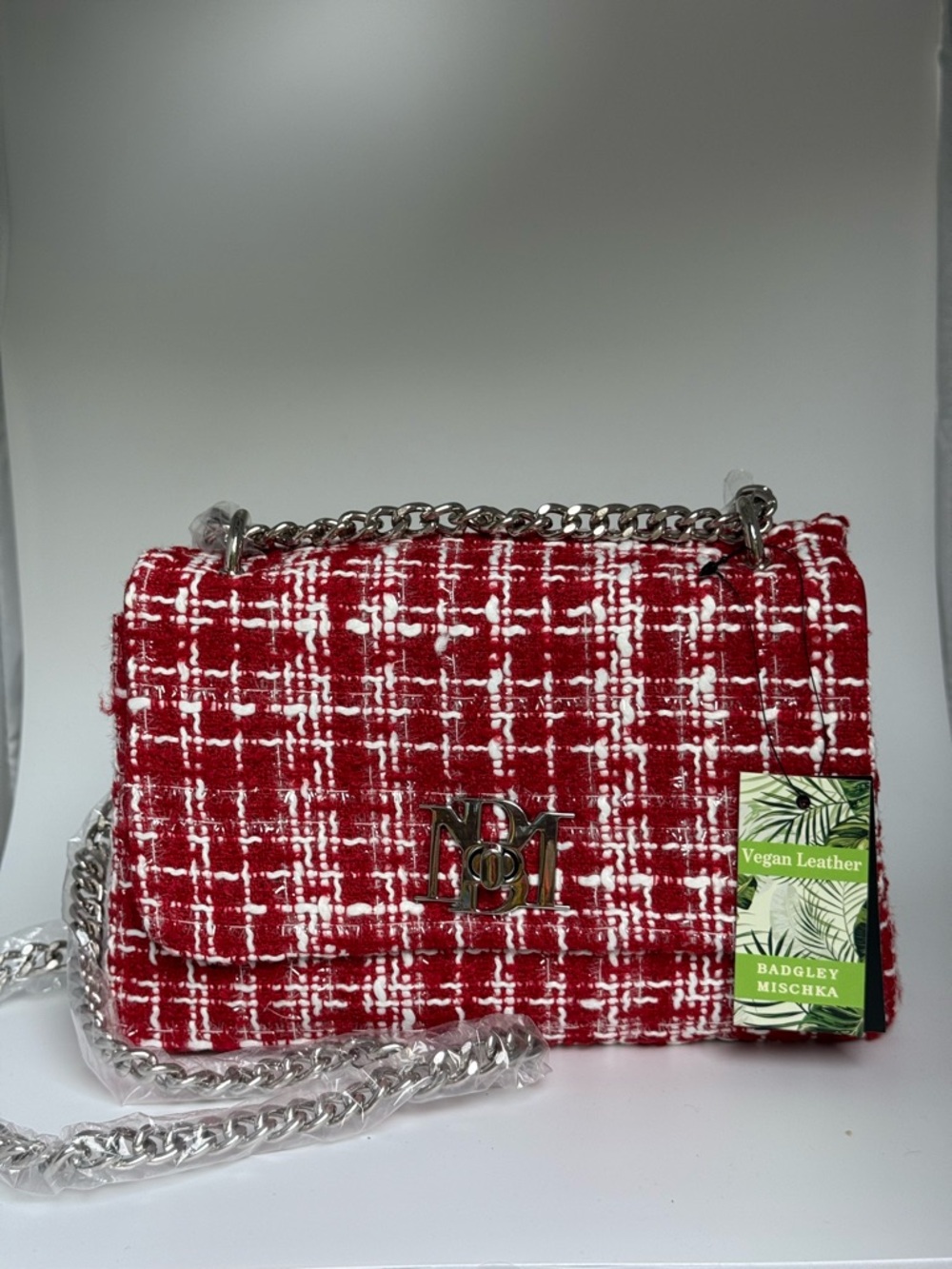 Badgley Mischka Red and White Tweed Chain Crossbody Bag NWT